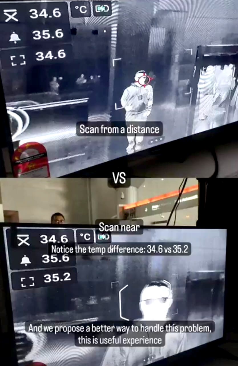 Two photographs of the screening monitor from our October 2023 field record: the same subject reading 34.6 degrees when scanned from a distance and 35.2 degrees when scanned near, against a 35.6 degree alarm